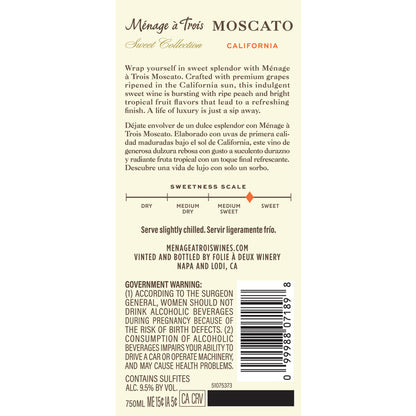 Menage A Trois Moscato Sweet White Blend Sweet Collection California - 750ML - Back Label