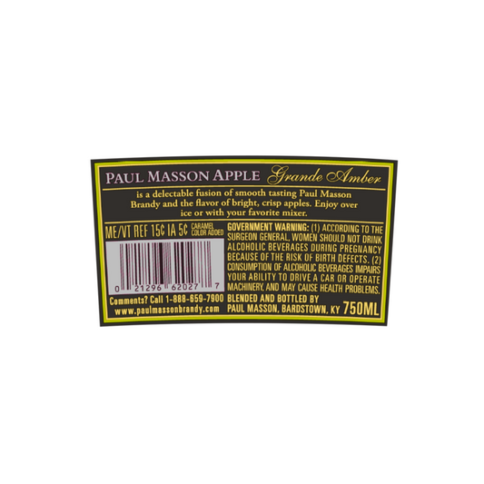 Paul Masson Apple Flavored Brandy Grande Amber 54 - 750ML - Back Label
