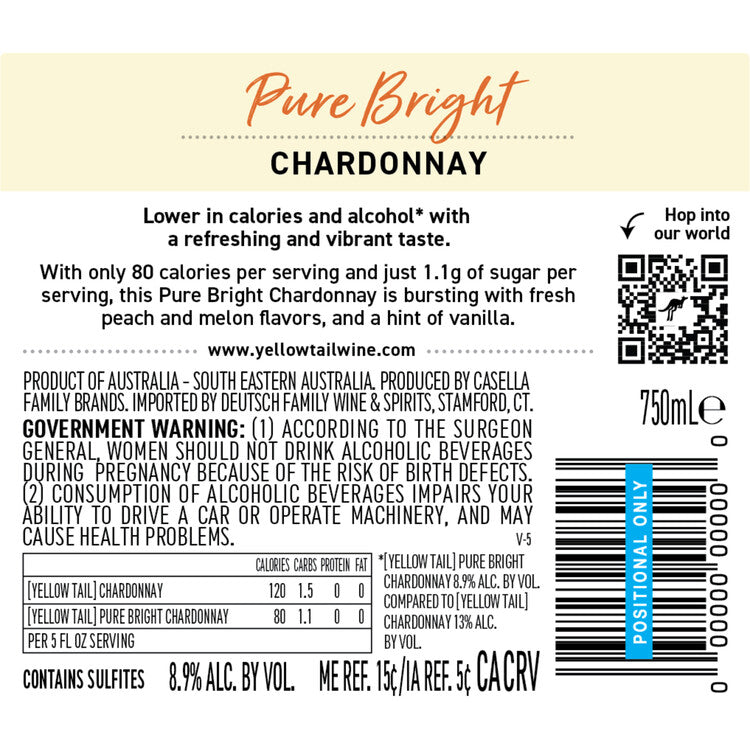 Yellow Tail Chardonnay Pure Bright South Eastern Australia - 750ML - Back Label