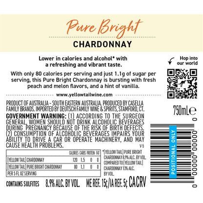 Yellow Tail Chardonnay Pure Bright South Eastern Australia - 750ML - Back Label