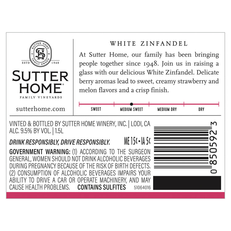 Sutter Home White Zinfandel California - 1.5L - Back Label
