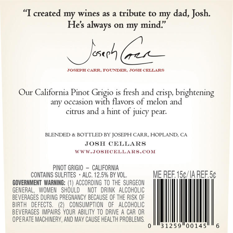 Josh Cellars Pinot Grigio California - 750ML - Back Label