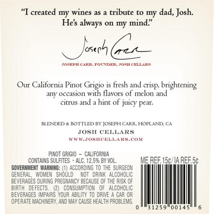Josh Cellars Pinot Grigio California - 750ML - Back Label