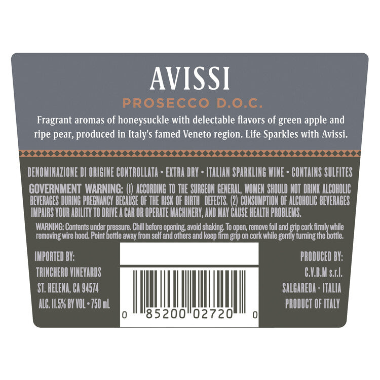 Avissi Prosecco Extra Dry - 750ML - Back Label