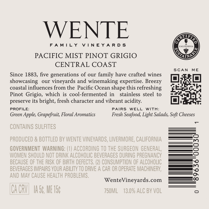 Wente Vineyards Pinot Grigio Pacific Mist Central Coast - 750ML - Back Label