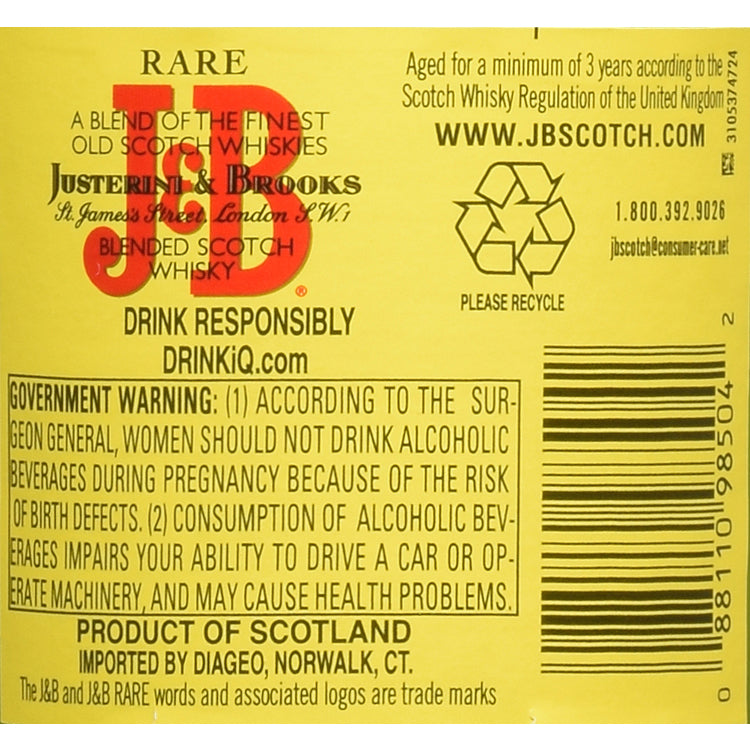 J&B Blended Scotch Rare 80 - 750ML - Back Label