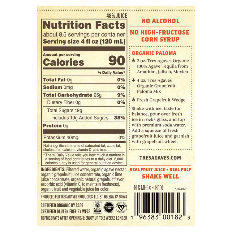 Tres Agaves Paloma Mix - 1.0L - Back Label