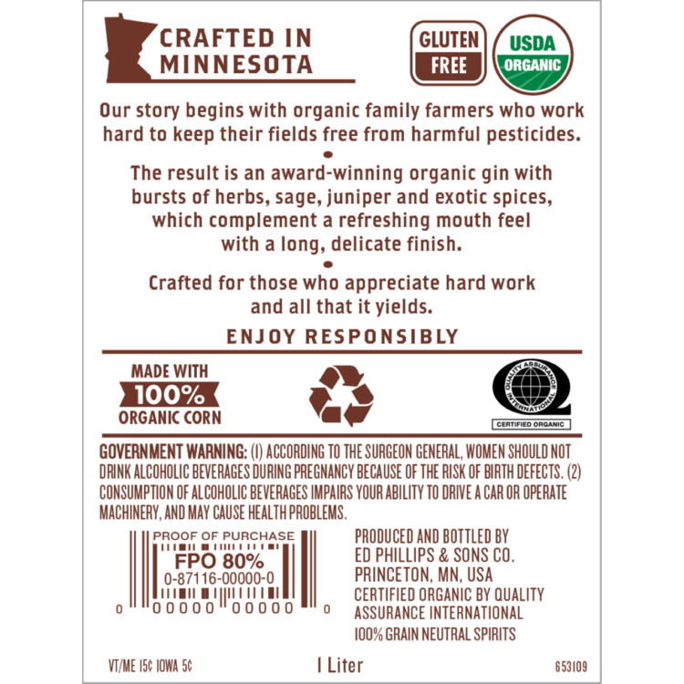 Prairie Dry Gin 80 - 1.0L - Back Label