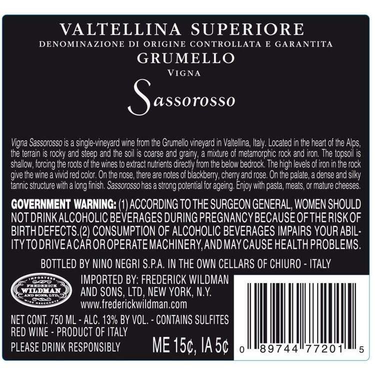 Nino Negri Valtellina Superiore Grumello Sassorosso 2020 - 750ML - Back Label