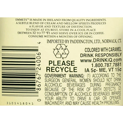 Emmets Irish Cream Liqueur 34 - 750ML - Back Label