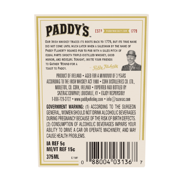 Paddy Blended Irish Whiskey 80 - 375ML - Back Label