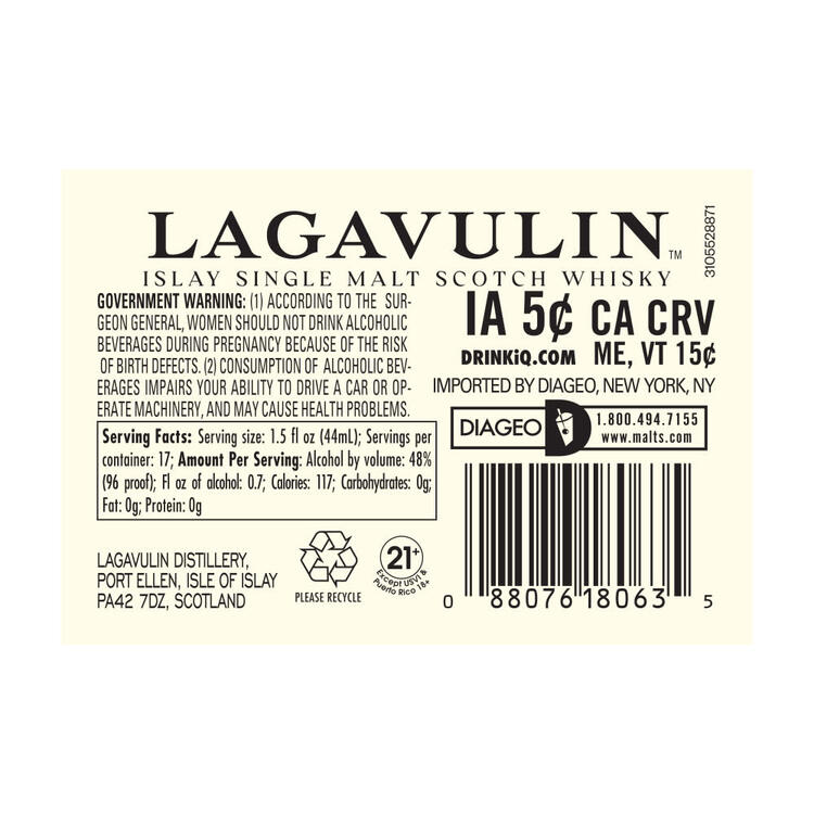 Lagavulin Single Malt Scotch 8 Yr 96 - 750ML - Back Label