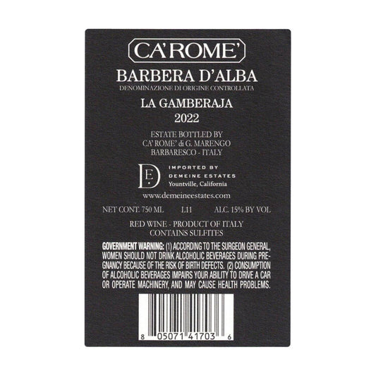 Ca'Rome' Barbera D'Alba La Gamberaja 2022 - 750ML - Back