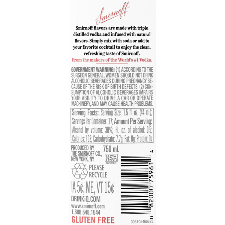 Smirnoff Caramel Flavored Vodka Kissed Caramel 60 - 750ML - Back Label