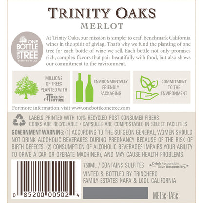 Trinity Oaks Merlot California - 750ML - Back Label