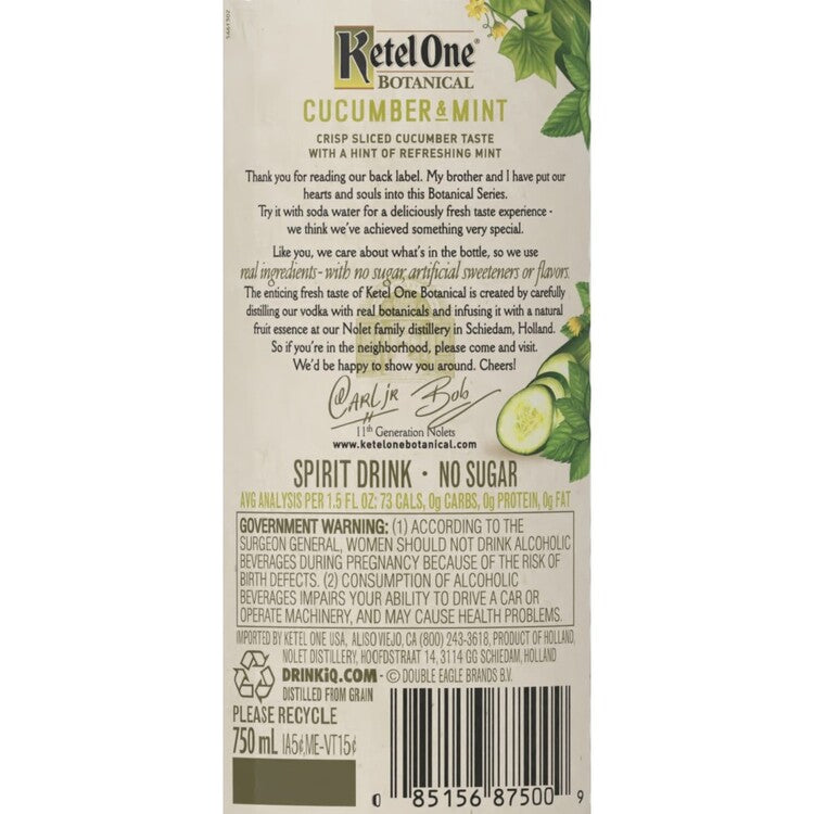 Ketel One Cucumber & Mint Flavored Vodka Botanical 60 - 750ML - Back Label