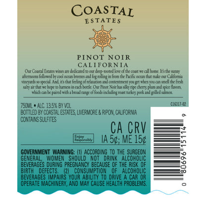 Coastal Estates Pinot Noir California - 750ML - Back