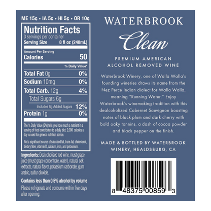 Waterbrook Cabernet Sauvignon Clean Alcohol Removed Wine - 750ML - Back Label