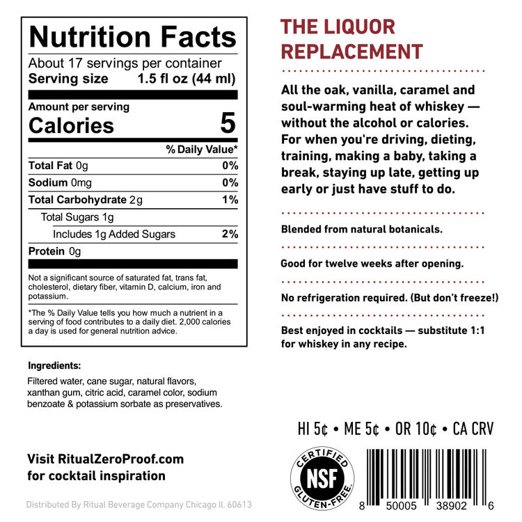 Ritual Zero Proof Whiskey Alternative Non-Alcoholic Spirit - 750ML - Back Label