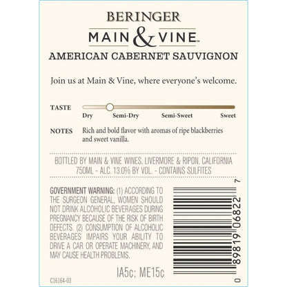 Beringer Main & Vine Cabernet Sauvignon California - 750ML - Back Label