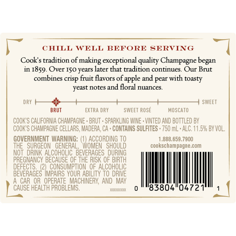 Cook's Brut Champagne California - 750ML - Back Label