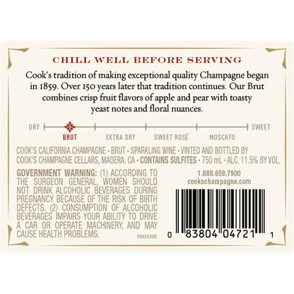 Cook's Brut Champagne California - 750ML - Back Label