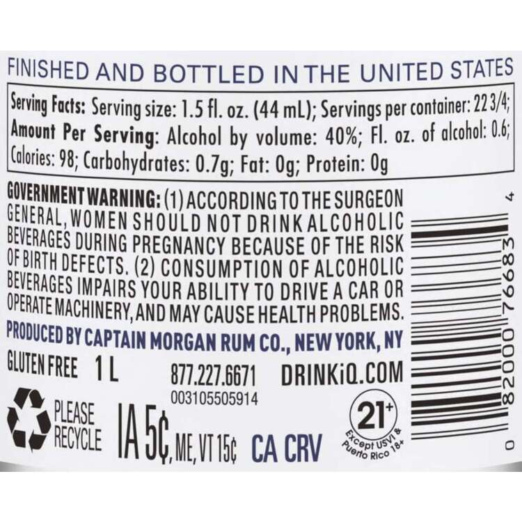 Captain Morgan Light Rum Signature White Caribbean Rum 80 - 1.0L - Back Label