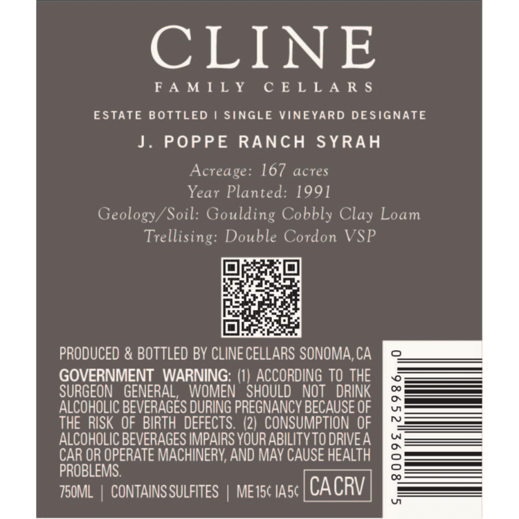 Cline Syrah Single Vineyard Carneros 2023 - 750ML - Back Label