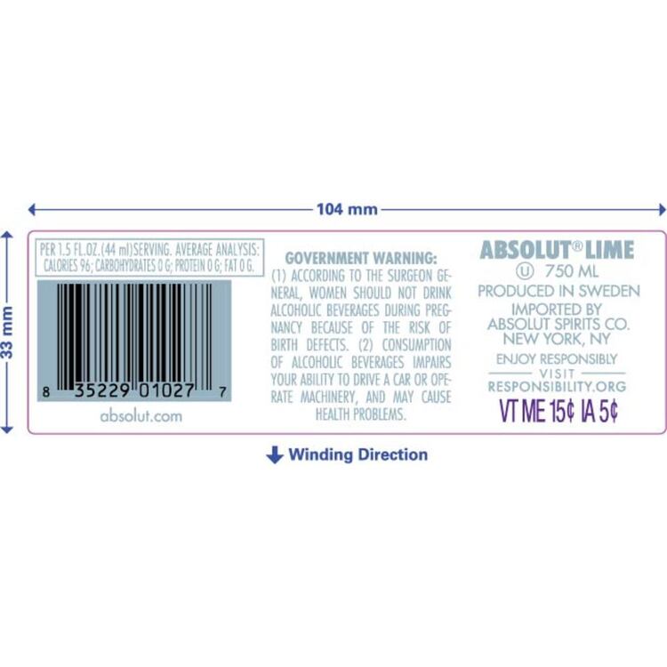 Absolut Lime Flavored Vodka 80 - 750ML - Back Label