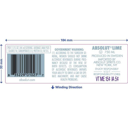 Absolut Lime Flavored Vodka 80 - 750ML - Back Label
