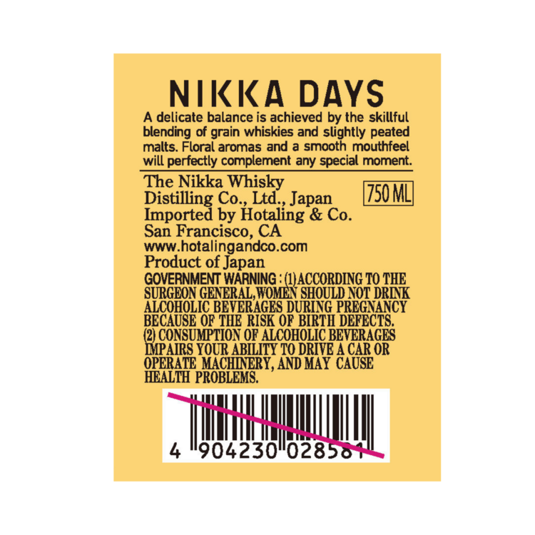 Nikka Whisky Days 80 - 750ML - Back Label