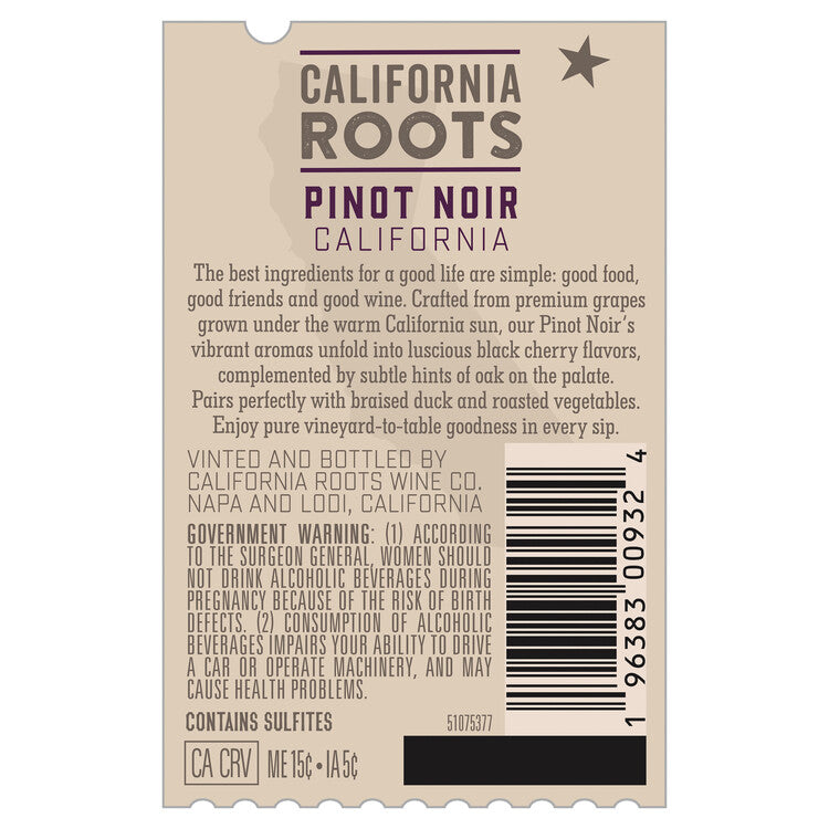 California Roots Pinot Noir California - 750ML - Back Label