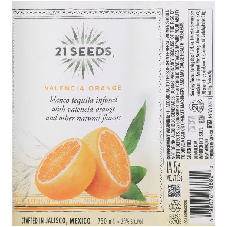 21 Seeds Valencia Orange Infused Blanco Tequila Flavored Tequila 70 - 750ML
