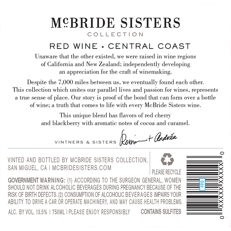 Mcbride Sisters Collection Red Blend Central Coast 2020 - 750ML - Back Label
