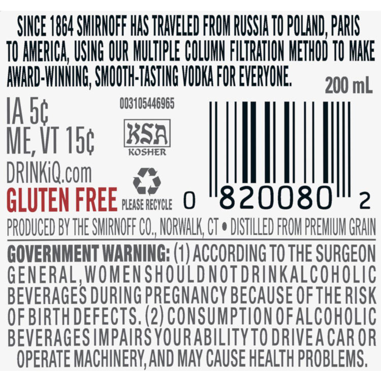 Smirnoff Vodka 80 - 200ML - Back Label