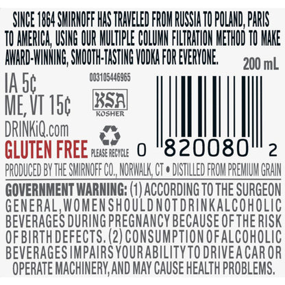Smirnoff Vodka 80 - 200ML - Back Label