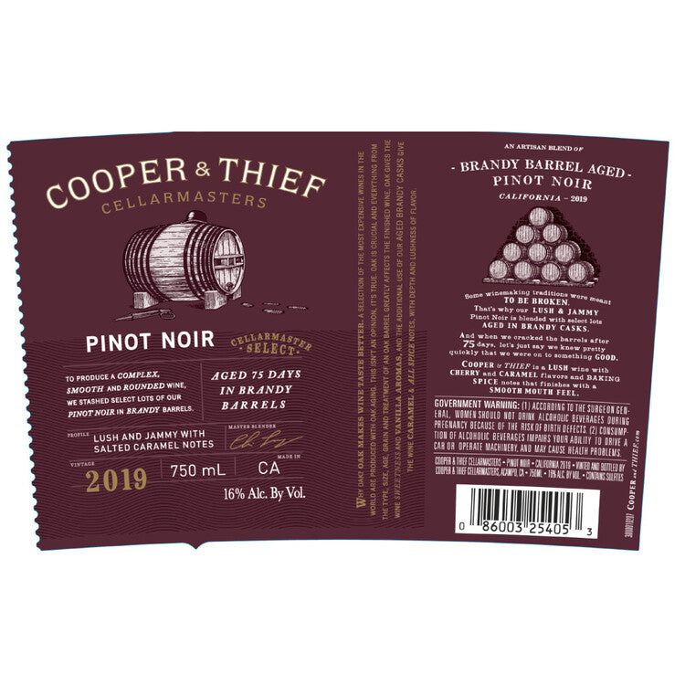 Cooper & Thief Pinot Noir Cellarmaster Select Aged In Bourbon Whiskey - 750ML