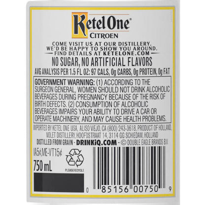 Ketel One Citrus Flavored Vodka Citroen 80 - 750ML - Back Label