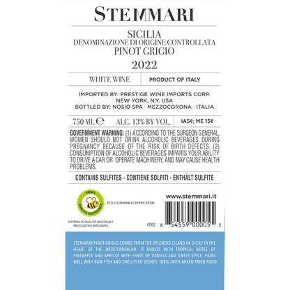 Stemmari Pinot Grigio Terre Siciliane - 750ML - Back Label