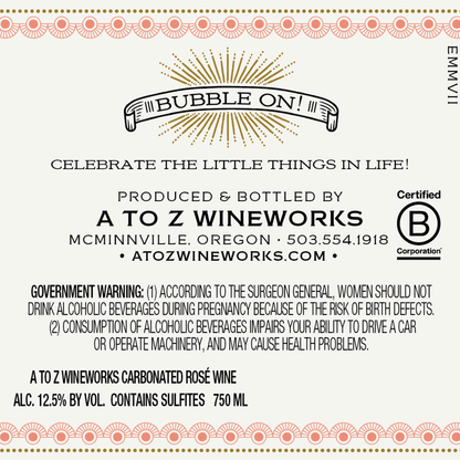 A To Z Wineworks Sparkling Rose Bubbles Oregon - 750ML - Back Label
