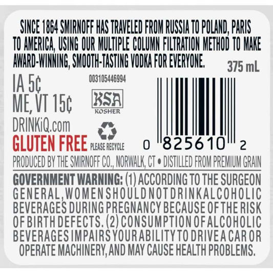 Smirnoff Vodka 80 - 375ML - Back Label