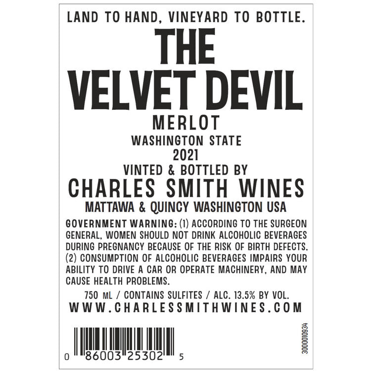 Charles Smith Wines Merlot The Velvet Devil Washington - 750ML