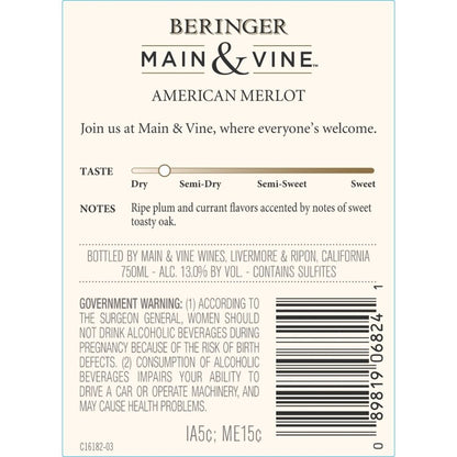 Beringer Main & Vine Merlot California - 750ML - Back Label
