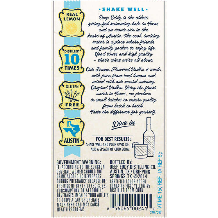 Deep Eddy Lemon Flavored Vodka 70 - 750ML - Back Label