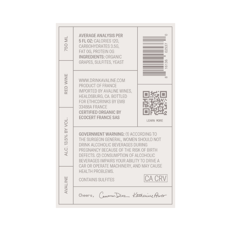 Avaline Red Wine France Made With Organic Grapes - 750ML - Back Label