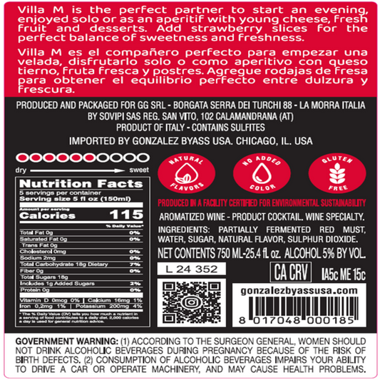 Villa M Brachetto Sweet Red Italy - 750ML - Back Label