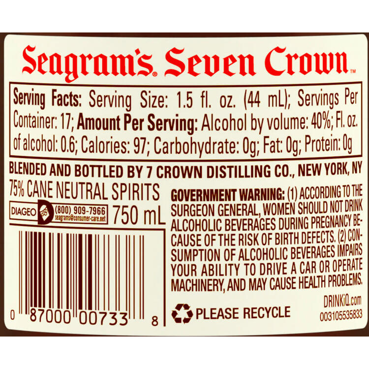 Seagram's Blended American Whiskey 7 Crown 80 - 750ML - Back Label