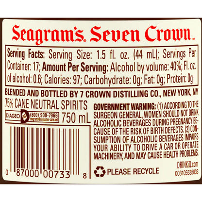 Seagram's Blended American Whiskey 7 Crown 80 - 750ML - Back Label