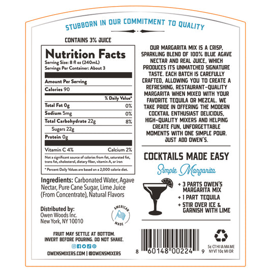 Owen's Craft Mixers Sparkling Margarita Mix - 750ML - Back Label