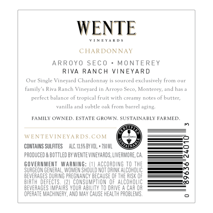 Wente Vineyards Chardonnay Riva Ranch Vineyard Arroyo Seco - 375ML - Back Label